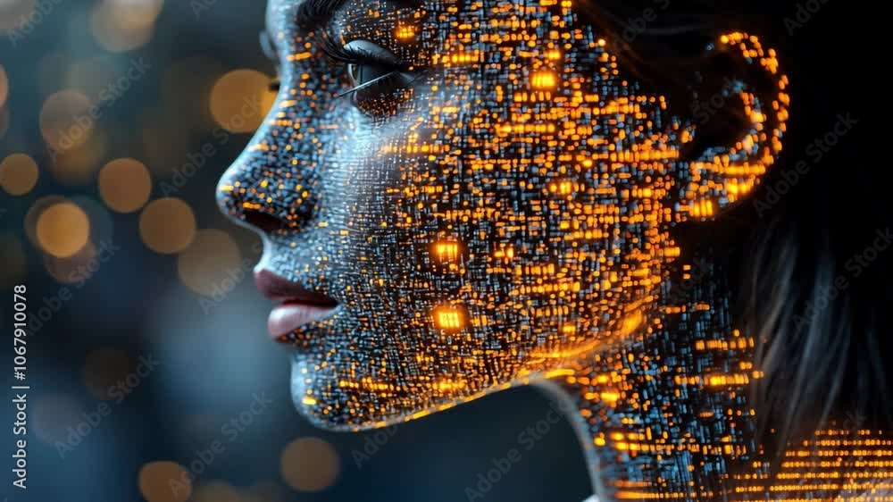 Poster a woman face illuminated with a digital pattern of glowing lights in an abstract cityscape setting