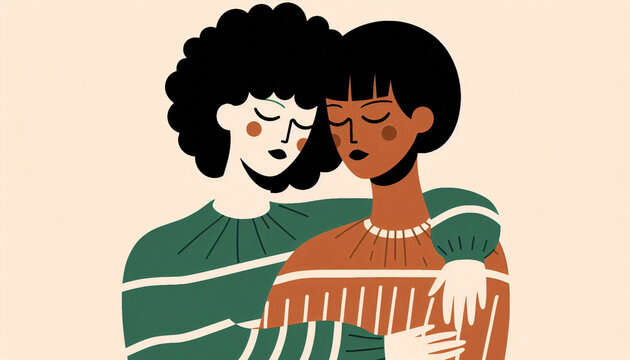 Illustration of diverse couple of interracial women hugging and showing their emotional connection, LGBTQ diversity multicultural interracial intergender