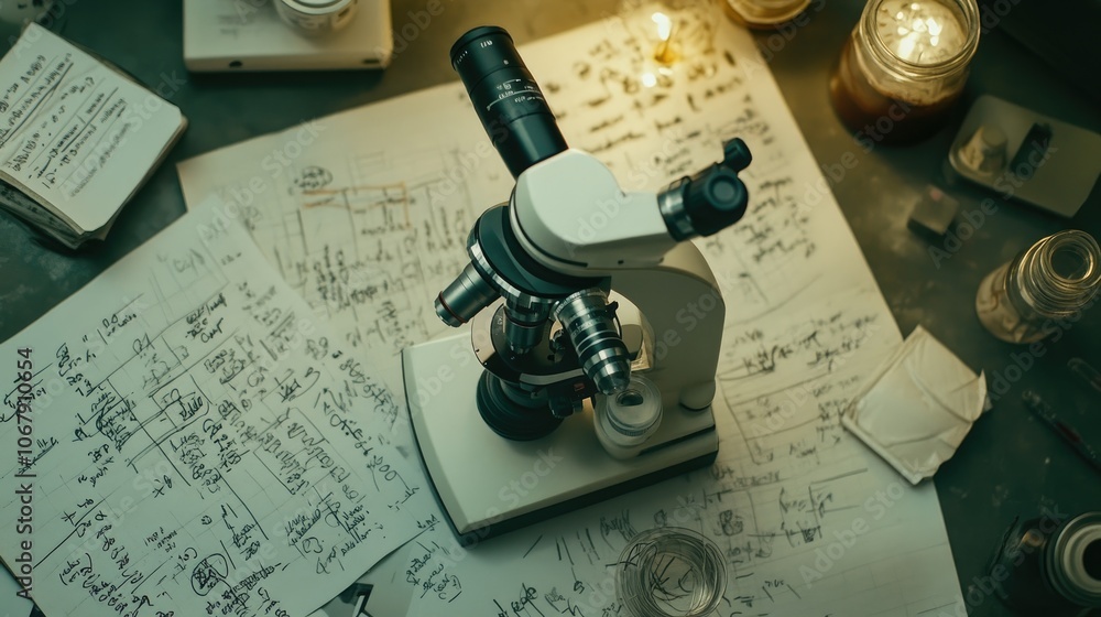 Poster scientific workspace with microscope and notes