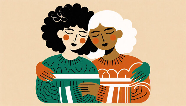 Illustration of diverse couple of interracial women hugging and showing their emotional connection, LGBTQ diversity multicultural interracial intergender