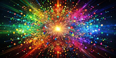 Fototapeta premium A radiant burst of light and color explodes across the darkness, with swirling patterns of shimmering dots and streaks, creating a vibrant and dynamic spectacle.