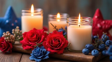 Candle Jars Adorned With Red, White, and Blue for Celebration. Generative AI