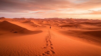 Naklejka premium A lone figure walks through a vast, sunlit desert landscape at sunset.