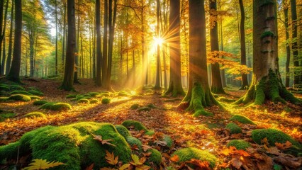 Obraz premium Golden Sunlight Illuminates a Mossy Forest Floor with Fallen Leaves and Sunlight Rays Filtering Through the Canopy