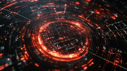 Abstract digital art with red glowing circles and lines