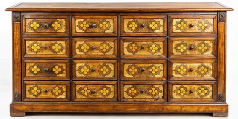 Antique wooden chest of drawers with inlaid flowers in squares of yellow and brown from the eighteenth century