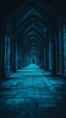 Fototapeta premium A dimly lit corridor with gothic arches and stone flooring creates a mysterious atmosphere.