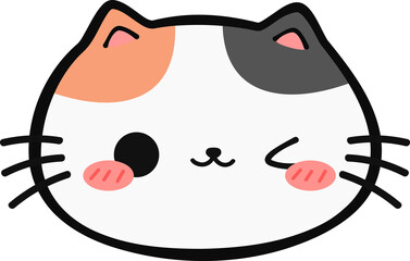 Cute Cartoon Cat Winking Eye Face Illustration, Outline Kawaii Cat Head with Facial Expression