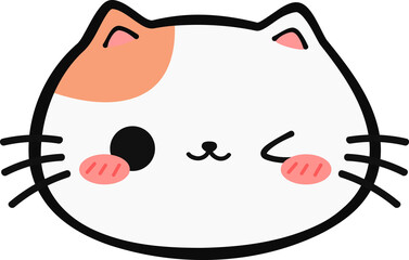 Cute Cartoon Cat Winking Eye Face Illustration, Outline Kawaii Cat Head with Facial Expression