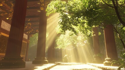 Fototapeta premium Tranquil Temple: Illuminated Path of Faith and Doubt in the Serene Forest