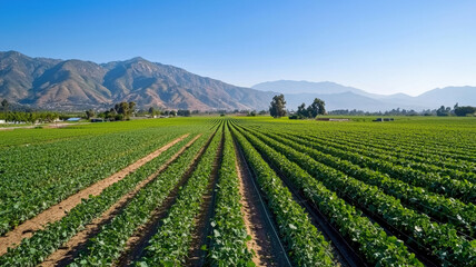 A vibrant green agricultural field stretches across the landscape, bordered by mountains and a clear blue sky.