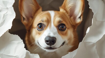 Curious Corgi Peeks Through a Torn Wallpaper Hole at Home. Generative AI