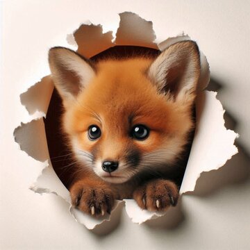 kleiner niedlicher Fuchs schaut durch Loch in der Wand