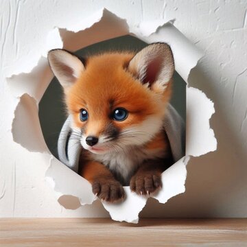 kleiner niedlicher Fuchs schaut durch Loch in der Wand