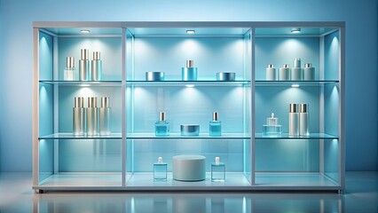 Luxurious light blue glass window display stand for cosmetics , luxury, cosmetics, showcase, product display, advertising, rendering