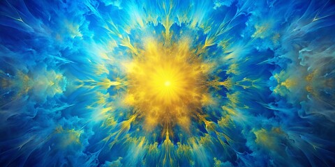 Fototapeta premium A luminous yellow orb radiating outward within a swirl of vibrant blue and yellow hues, creating a mesmerizing cosmic explosion of color.