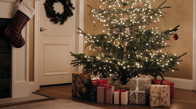 Cozy living room featuring a beautifully lit Christmas tree adorned with ornaments, surrounded by colorful wrapped gifts and a festive stocking hanging nearby.