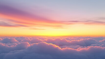 A breathtaking sunset over fluffy clouds, featuring vibrant hues of pink, orange, and purple that create a tranquil and dreamy atmosphere.