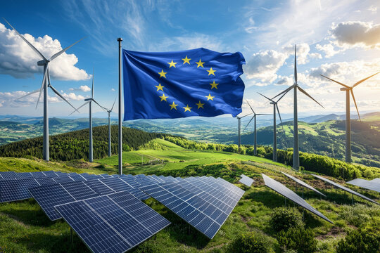 European Union Flag with Renewable Energy Landscape - Powered by Adobe