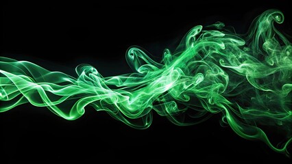 Thin abstract streams of green smoke on a black background, light and smooth movement , green, smoke