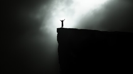 Fototapeta premium Triumph of Morality - Person Standing on Cliff with Arms Raised Toward Bright Sky Symbolizing Victory Over Darkness