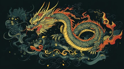 Colorful dragon illustration with swirling clouds and flames.