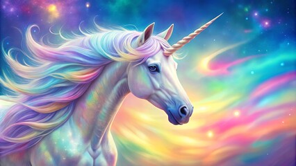 Fototapeta premium A majestic white unicorn with iridescent mane and tail stands against a backdrop of swirling celestial colors, its horn gleaming like a beacon of light.