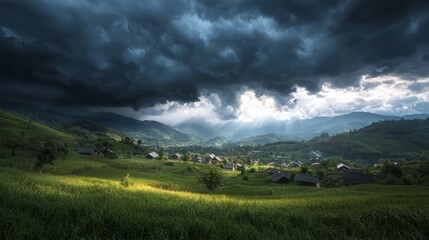 Ethereal Sunset over Tranquil Village with Looming Storm Clouds - Concept of Fragile Moral Peace | Ultra-Detailed Photography