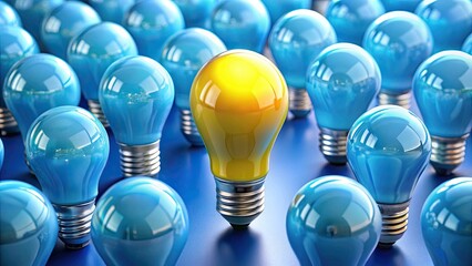Yellow lightbulb stands out among blue ones, innovation, creativity, unique, standout, concept, idea