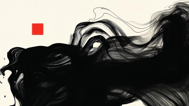 Abstract Ink Painting with Minimalist Red Square