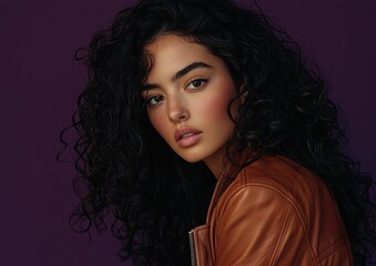 Fototapeta premium Attractive curly-haired woman, wearing a brown top, looking back at the camera, isolated on a dark purple background. This high-resolution photograph shows detailed skin and studio lighting. 