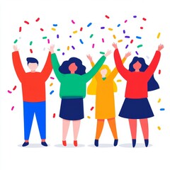 Obraz premium Four people celebrating with raised hands and confetti.