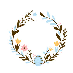 Easter wreath with Easter eggs, flowers, leaves and branches on a white background. Decorative frame with Easter elements.