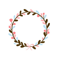 Easter wreath with Easter eggs, flowers, leaves and branches on a white background. Decorative frame with Easter elements.