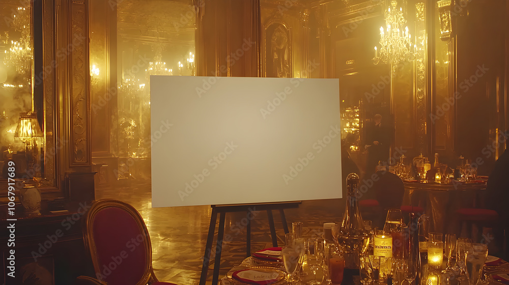 Poster a large empty white board is in a room with a lot of tables and chairs