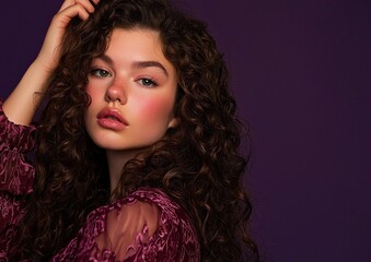 Fototapeta premium Attractive curly-haired woman, wearing a brown top, looking back at the camera, isolated on a dark purple background. This high-resolution photograph shows detailed skin and studio lighting. 