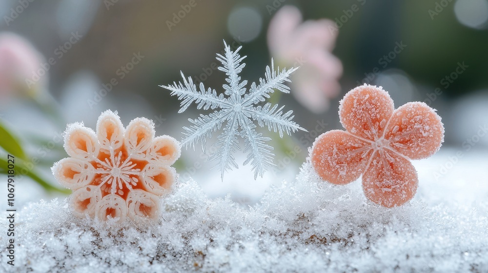 Poster delicate snowflake structures on frosted surface