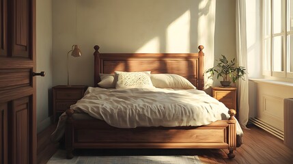Wooden Bed with White Linens and Sunbeams in a Bedroom