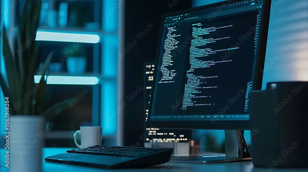 Poster a computer monitor displays a code on a dark background