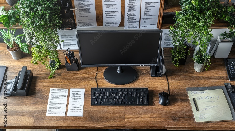 Poster modern workspace with computer and greenery