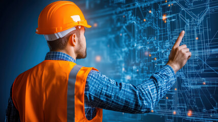 construction worker in orange safety vest and hard hat interacts with digital blueprints and schematics, showcasing modern engineering