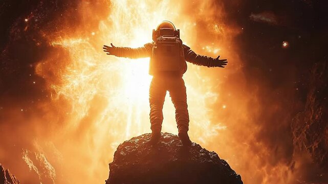 Astronaut Silhouette with Fiery Explosion Seamless Loop Background