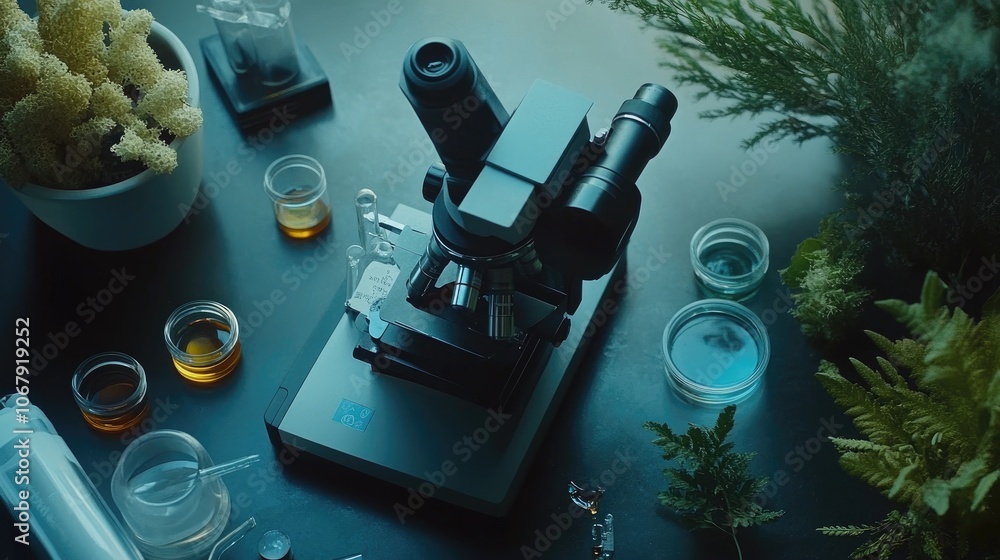 Poster laboratory setup with microscope and samples