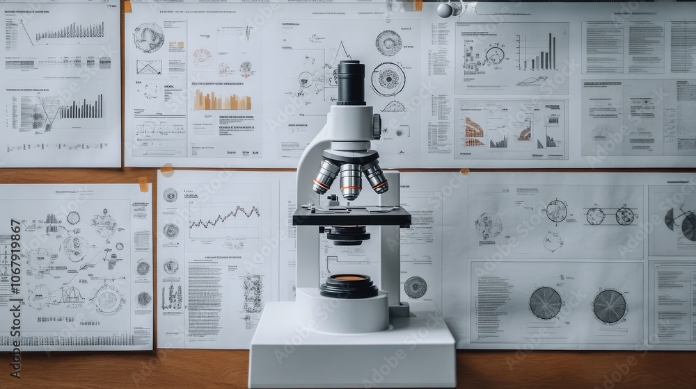 Poster laboratory microscope with graphs and charts background
