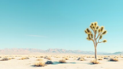 Lone Joshua Tree in a Desert Landscape with Mountains in the Distance