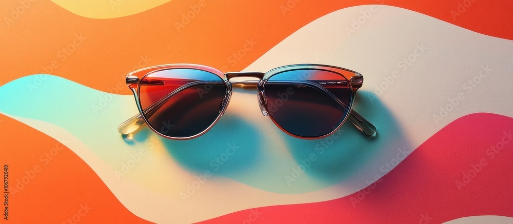 Poster sunglasses on a colorful background with wavy patterns.