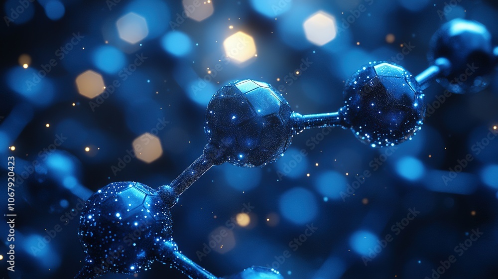 Poster a 3d rendering of a molecular structure with shiny blue spheres and golden glow