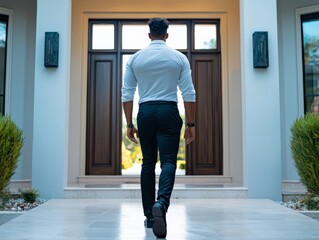 A real estate agent hosting an open house, welcoming potential buyers at the entrance of a well-decorated home