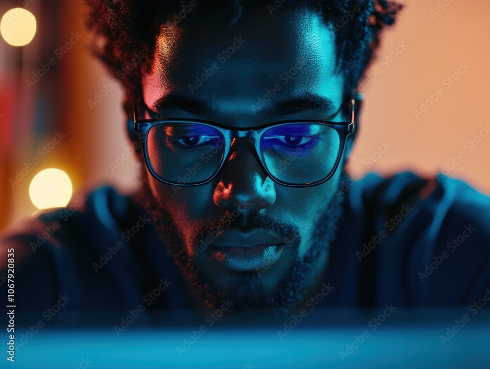 Poster focused developer working on software in office environment