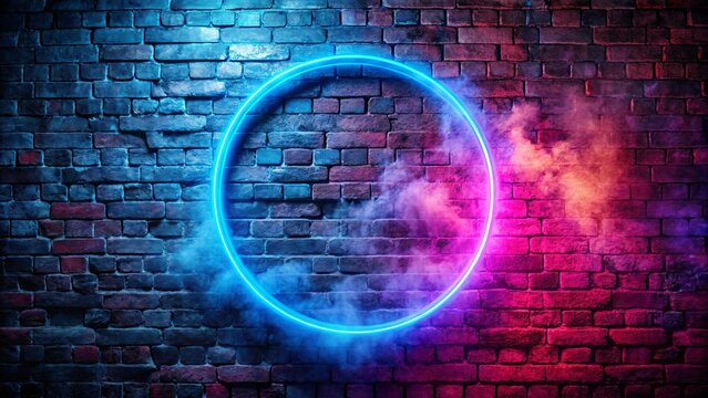 A glowing neon circle illuminates a textured brick wall with ethereal smoke swirling around it.